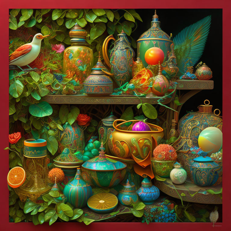 Colorful digital artwork: ornate teapots, cups, flora, bird, rich colors,