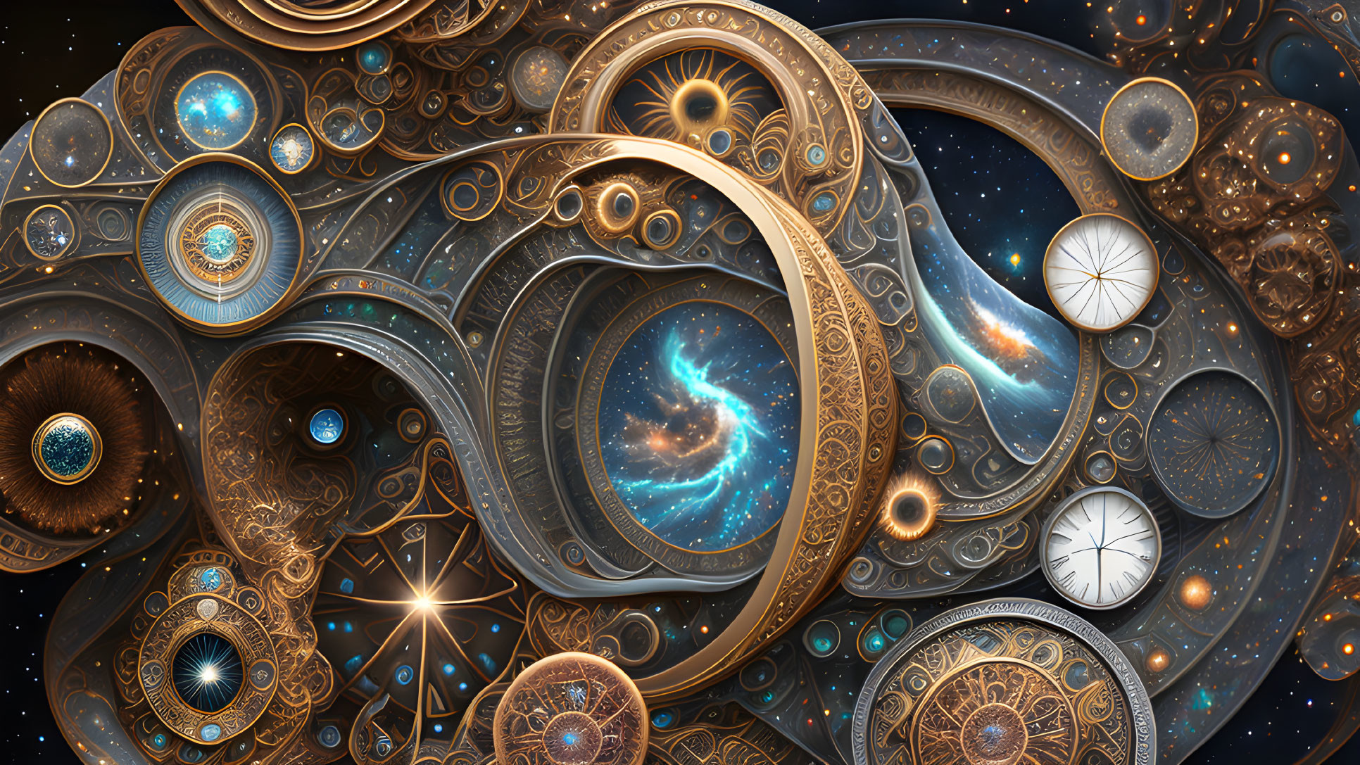 Steampunk Fractal Artwork: Celestial Motifs, Gears, Cosmic Elements