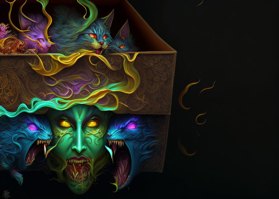 Colorful eerie face with glowing eyes and vivid cats in swirling patterns