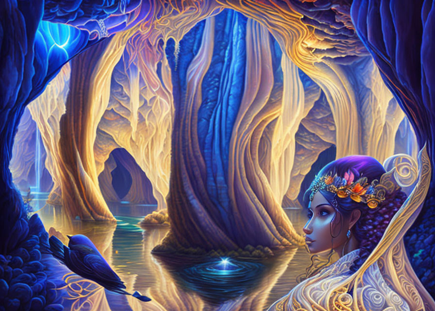 Mystical blue forest with woman and water body