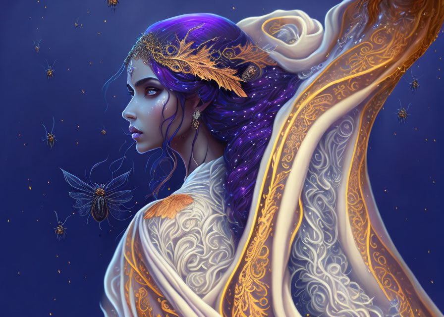 Illustrated female with purple hair and golden headpiece among fireflies on starry blue backdrop