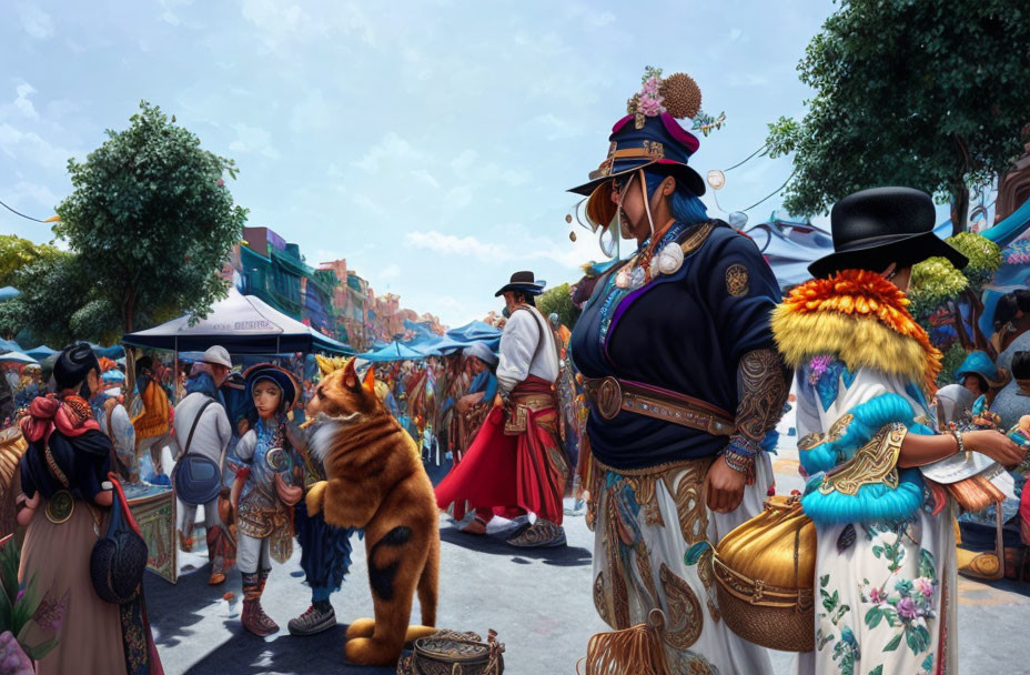 Colorful street scene with traditional attire, child and orange cat under blue sky