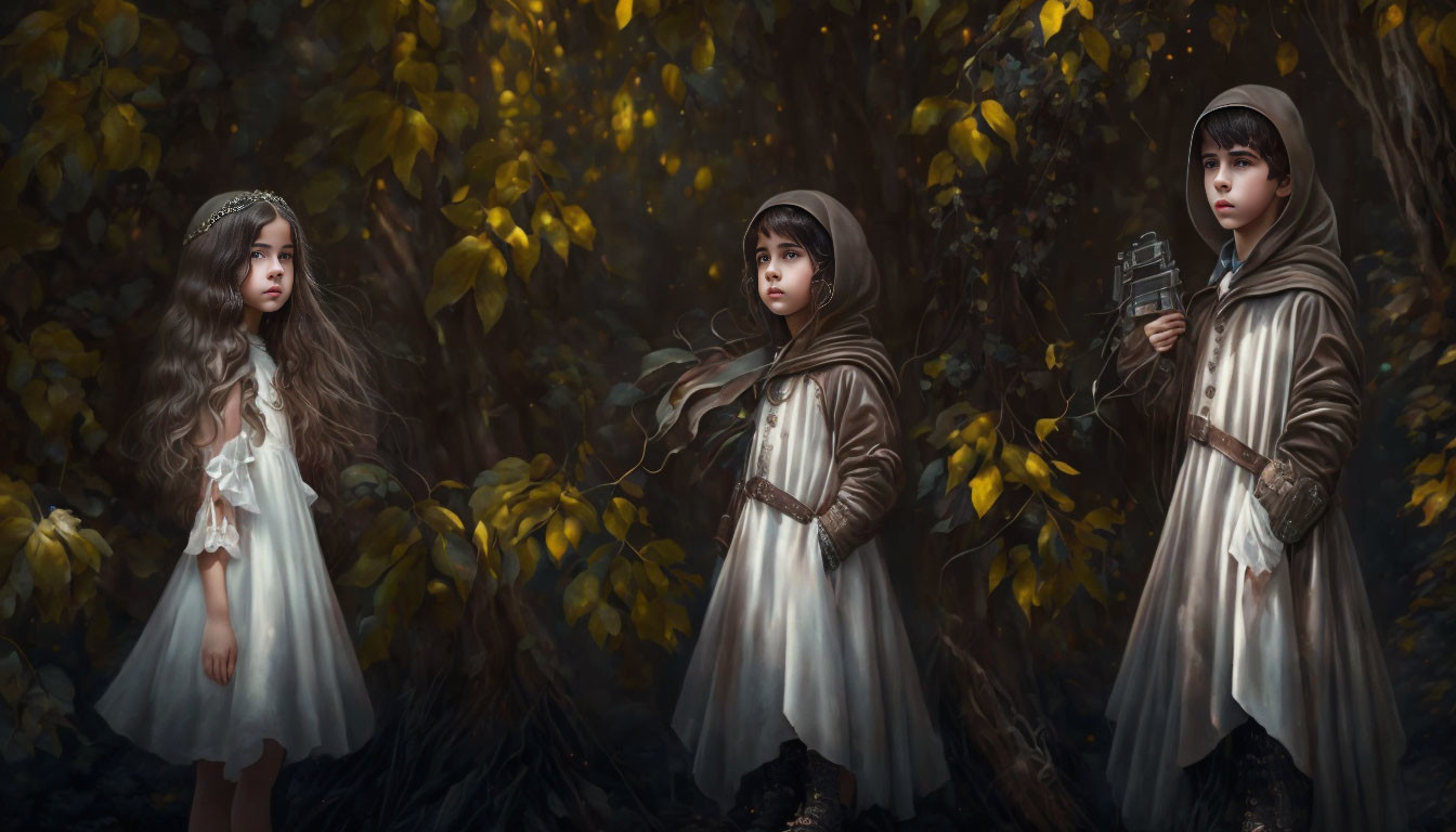 Three children in mystical forest: one in white dress with tiara, two in cloaks with h