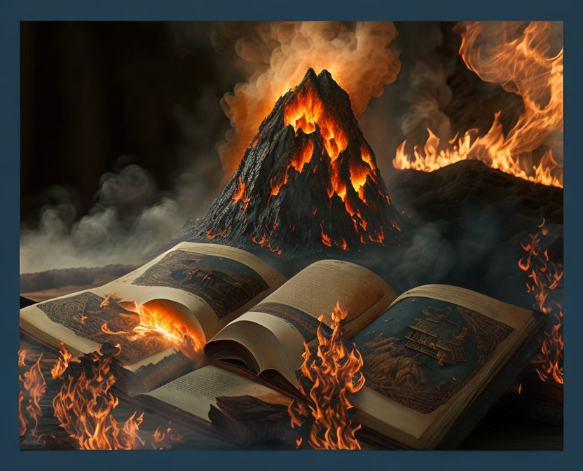 Realistic illustrations of volcanic eruption in open book