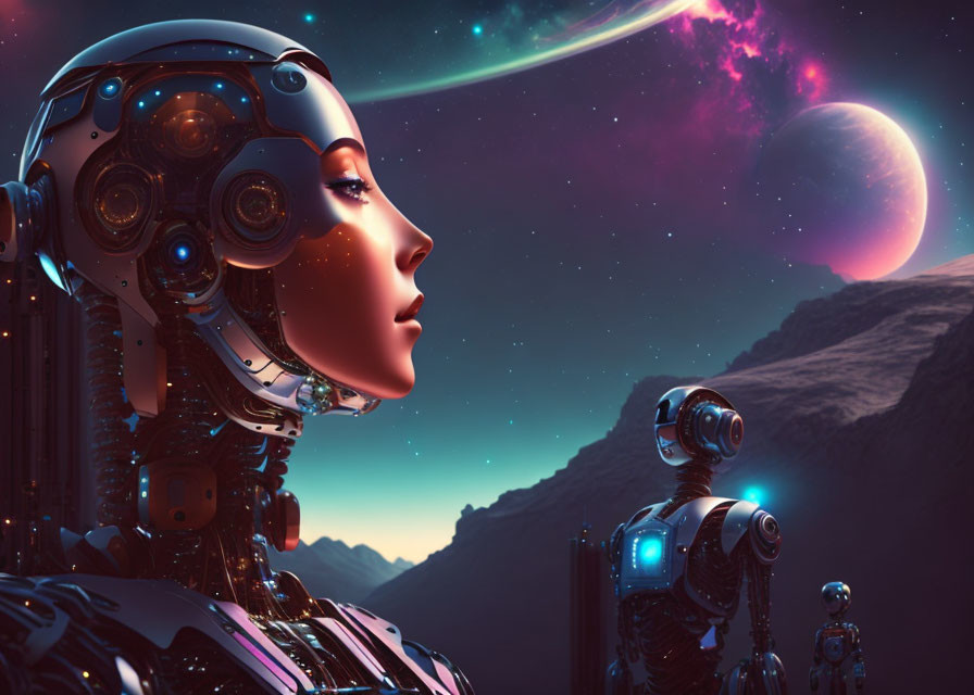 Digital artwork: Humanoid robots admire cosmic skyline with planet and aurora, set in mountain landscape