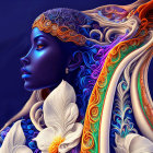 Colorful digital artwork: Woman with flowing hair, gold and marine elements on blue background