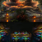 Fantasy landscape: house on twisted tree roots, fiery sky, swirling clouds