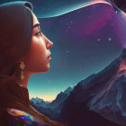 Digital artwork: Humanoid robots admire cosmic skyline with planet and aurora, set in mountain landscape