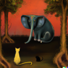 Colorful Jungle Scene: Elephants and Cats in Vibrant Artwork