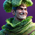 Whimsical character with cabbage leaf hat and collar in 3D illustration