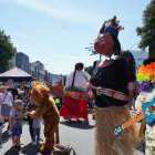 Colorful street scene with traditional attire, child and orange cat under blue sky