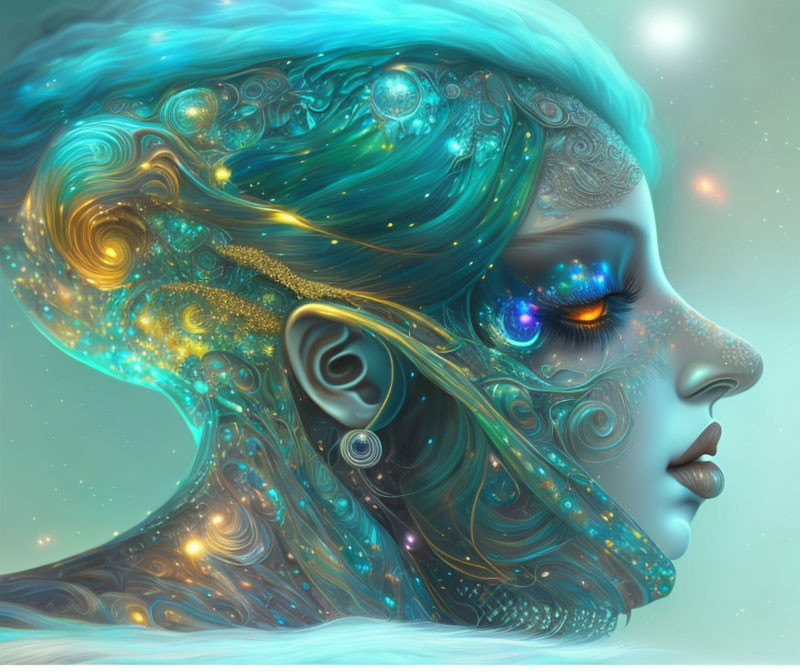 Fantasy woman with blue skin and celestial patterns on soft background