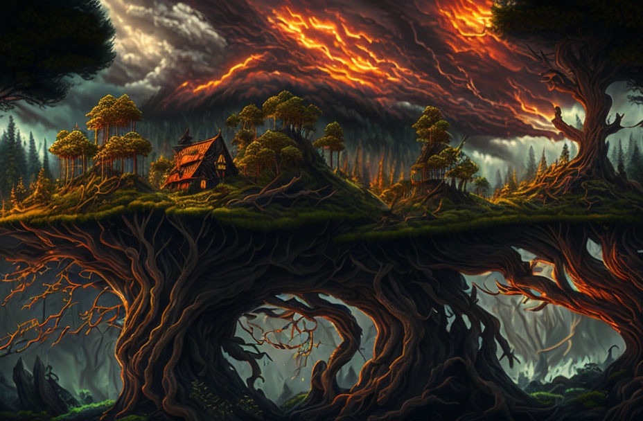 Fantasy landscape: house on twisted tree roots, fiery sky, swirling clouds