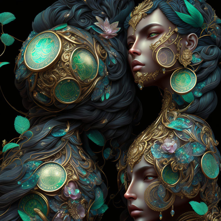 Detailed digital artwork of two women in ornate golden headdresses with peacock motifs