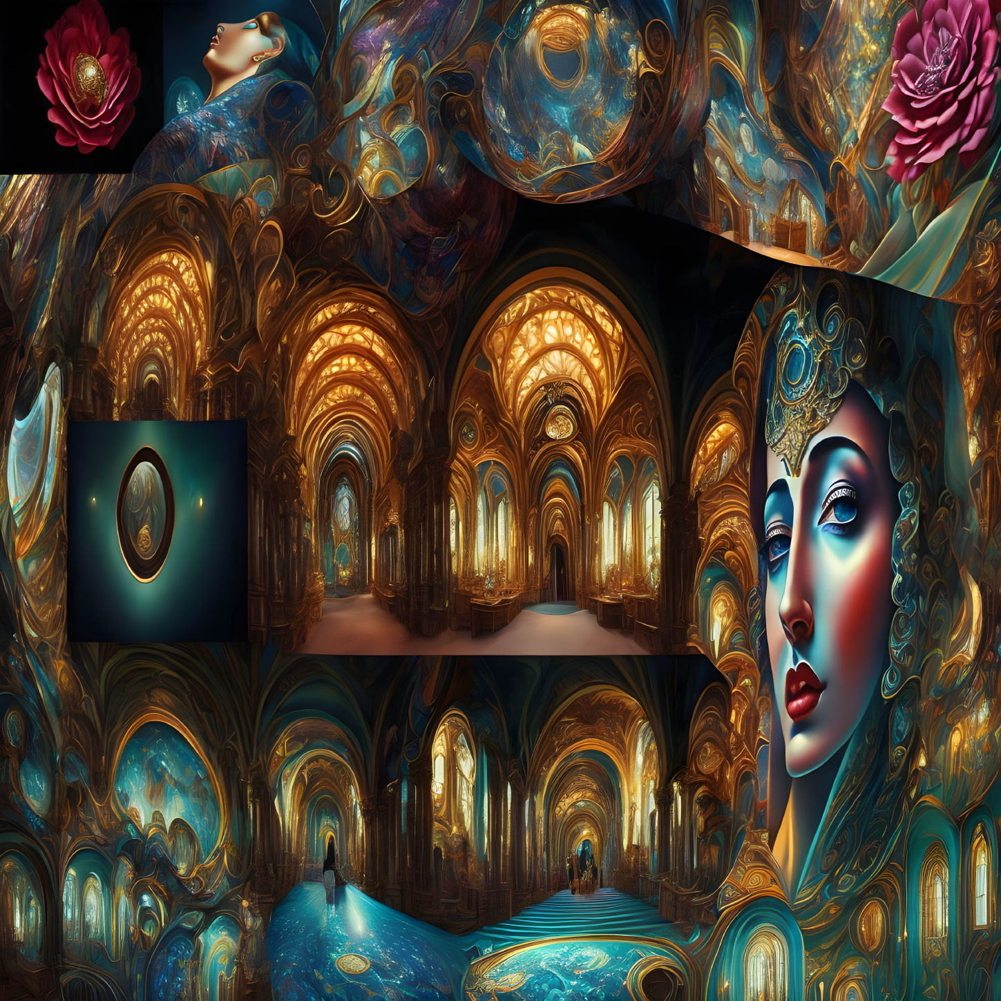 Digital collage of stylized woman's face with cosmic patterns, golden architecture, and red flowers