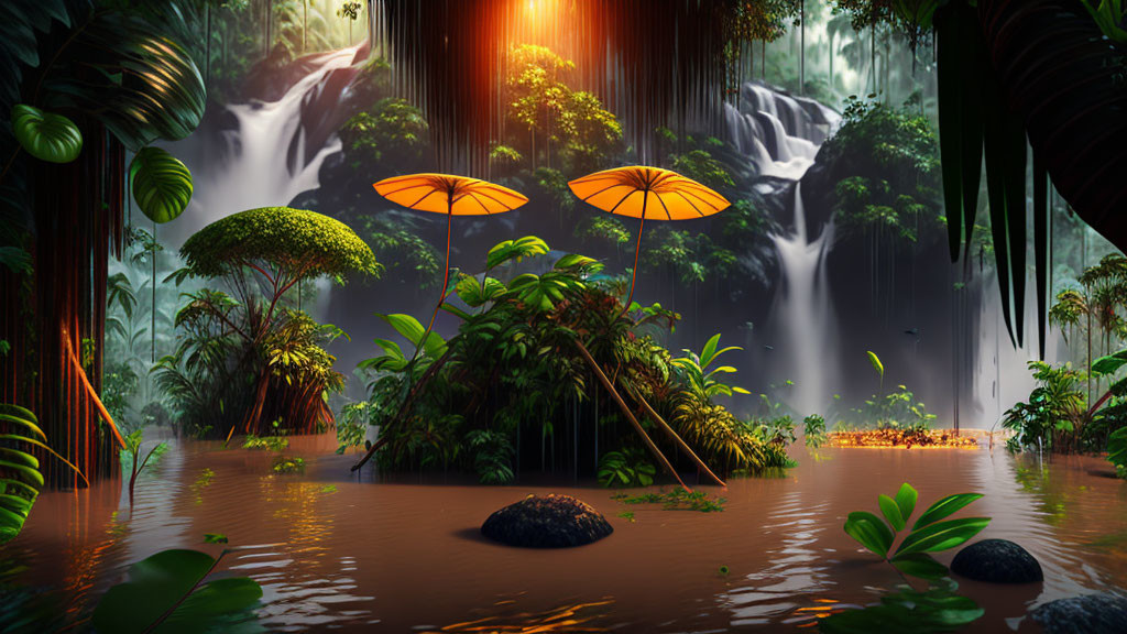 Tropical waterfall scene with orange umbrellas and sunlight rays.