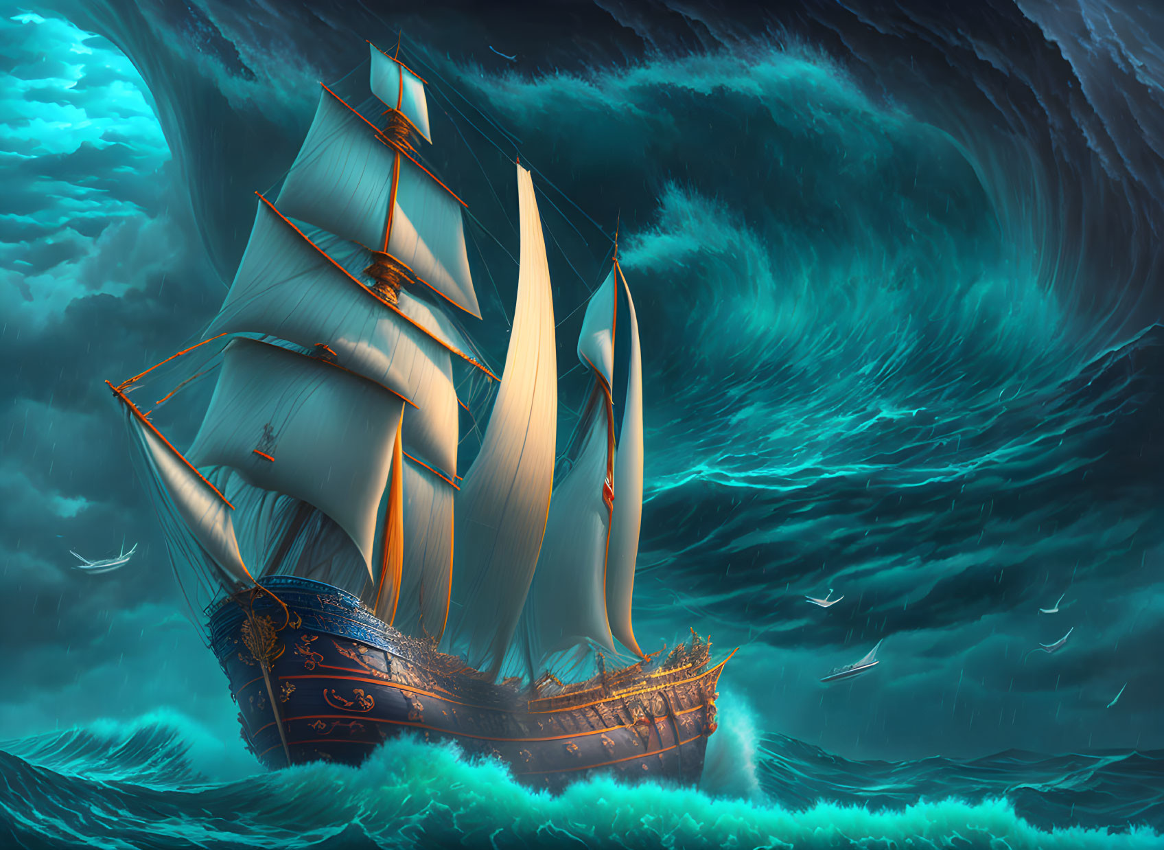 Sailboat with billowing sails in tumultuous turquoise waves