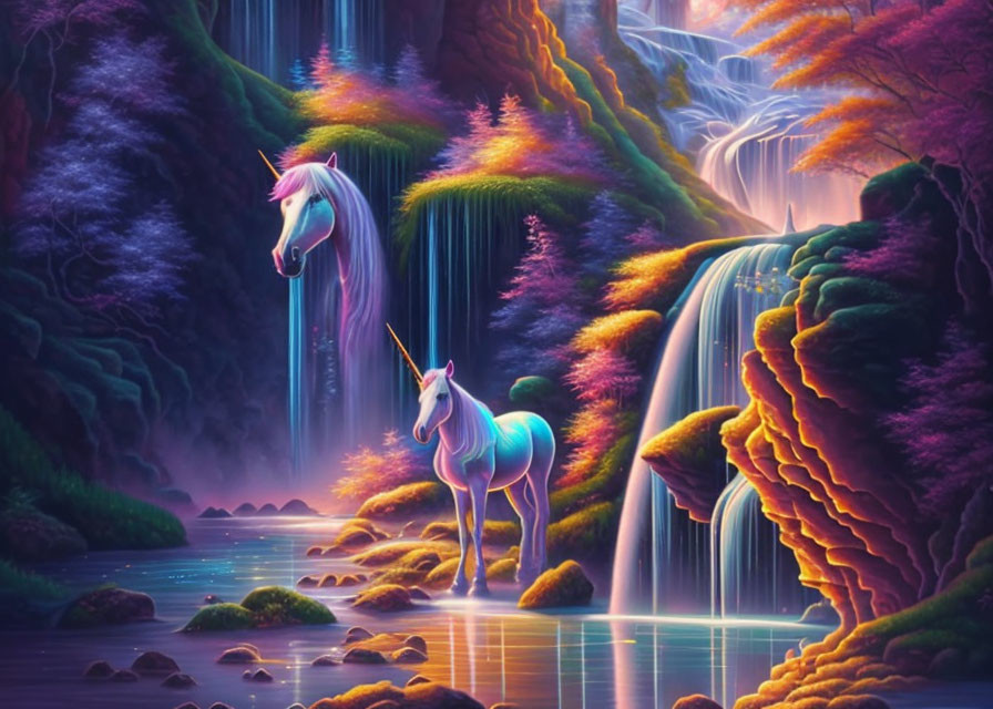 Fantasy landscape with unicorns by magical river & waterfalls