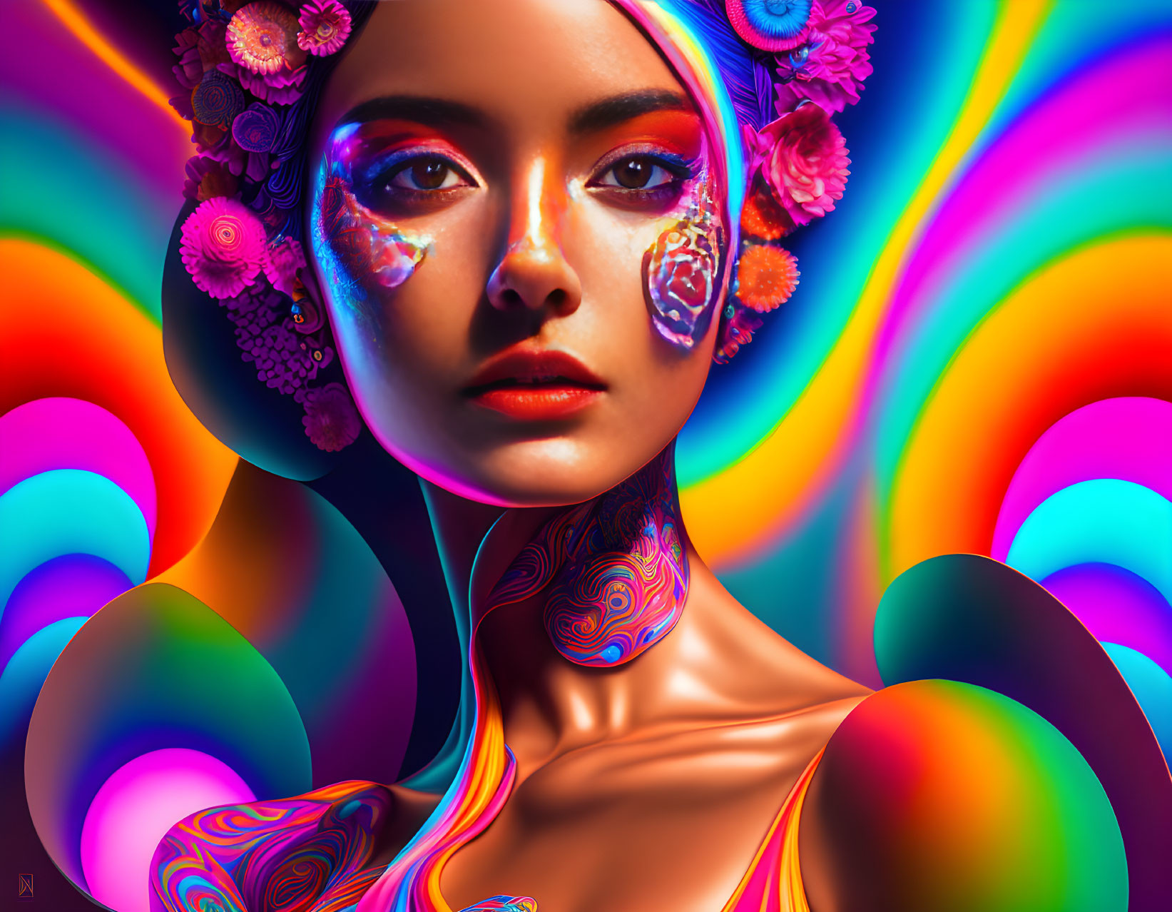 Colorful portrait of a woman with painted skin and floral face art on swirling background