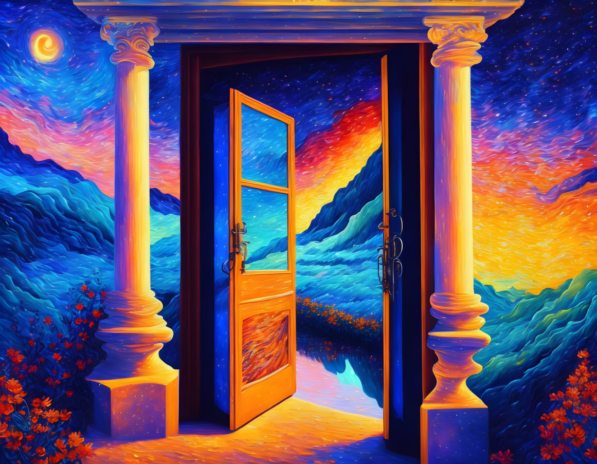 Vibrant surreal landscape with swirling sky and bold colors