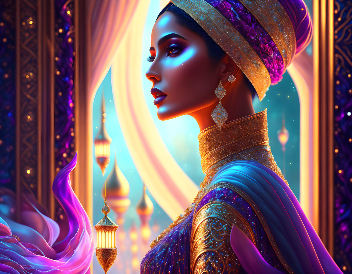 Colorful digital portrait of regal woman in ornate attire against magical backdrop