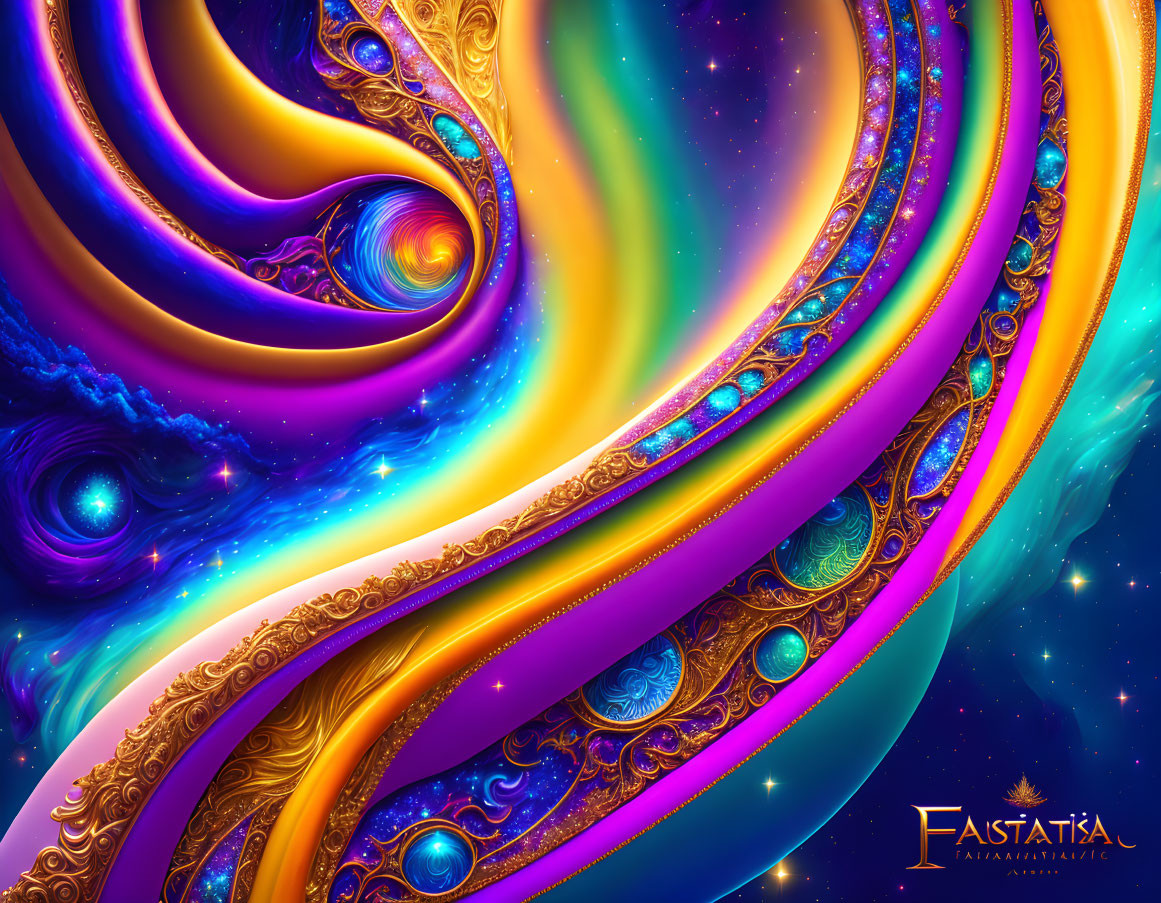 Abstract Swirling Patterns in Bold Blues, Golds, and Purples