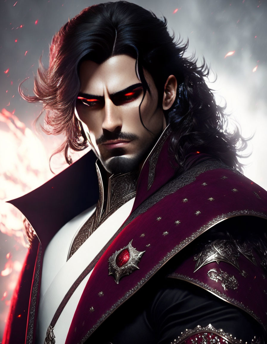 Male character digital artwork: stern expression, glowing red eyes, long black hair, red & white detailed