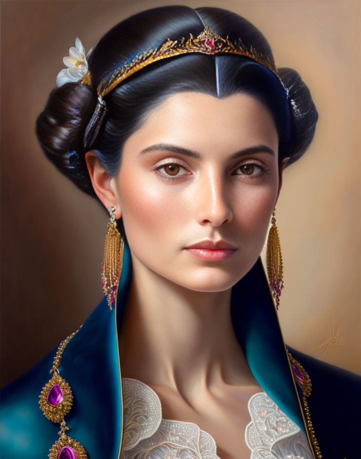 Portrait of Woman with Dark Hair in Bun, Floral Headband, Golden Earrings, Blue Cloak