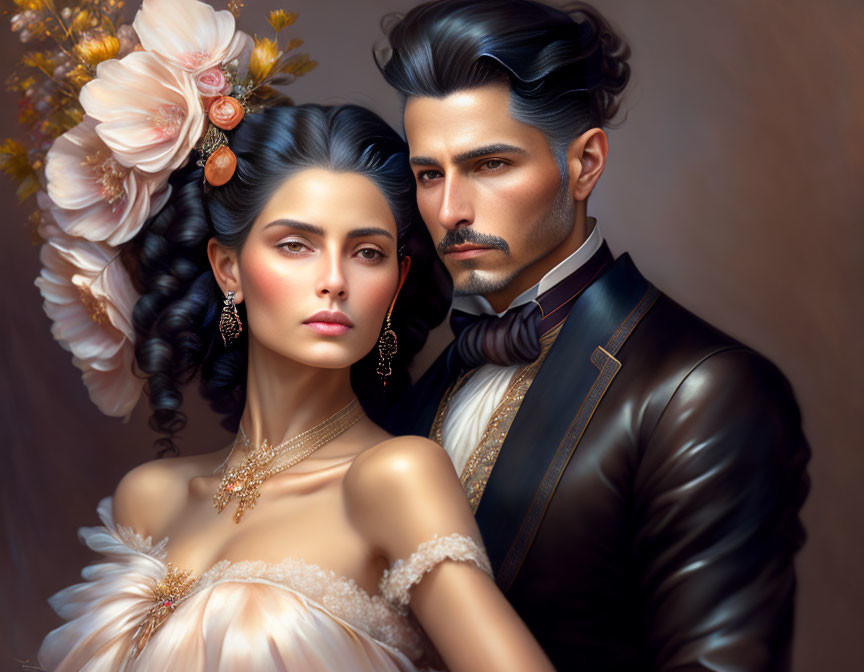 Illustrated portrait of elegant couple with floral-adorned woman and stylish man in intense gaze