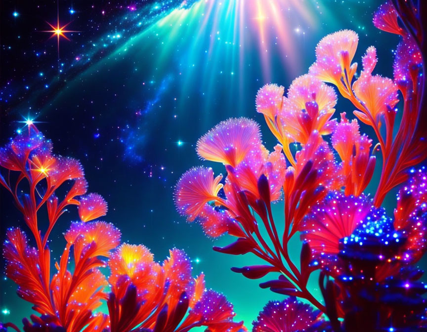 Colorful digital artwork: Neon plant life, starry sky, radiant light beams