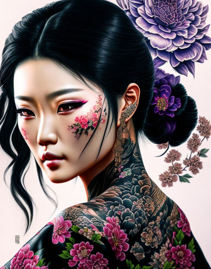 Woman with floral tattoos on face, neck, and shoulder against purple flower backdrop