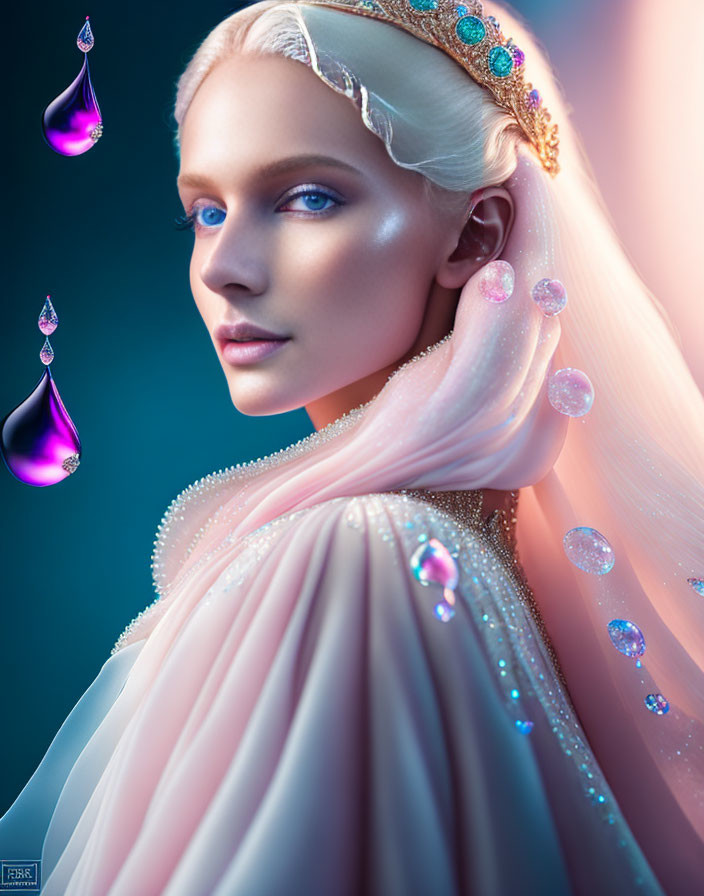 Ethereal digital artwork of woman with pearlescent skin and gemstone tiara.