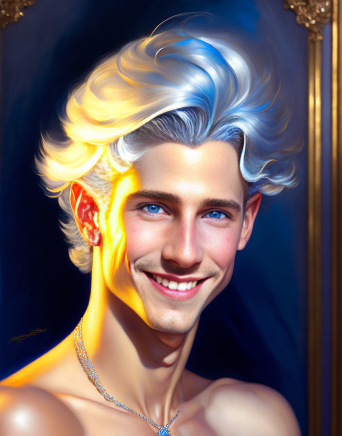 Smiling male figure with gold-silver hair and blue eyes on dark background