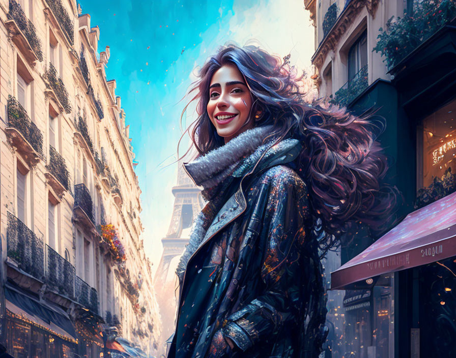 Woman with flowing hair in Parisian street with Eiffel Tower backdrop.