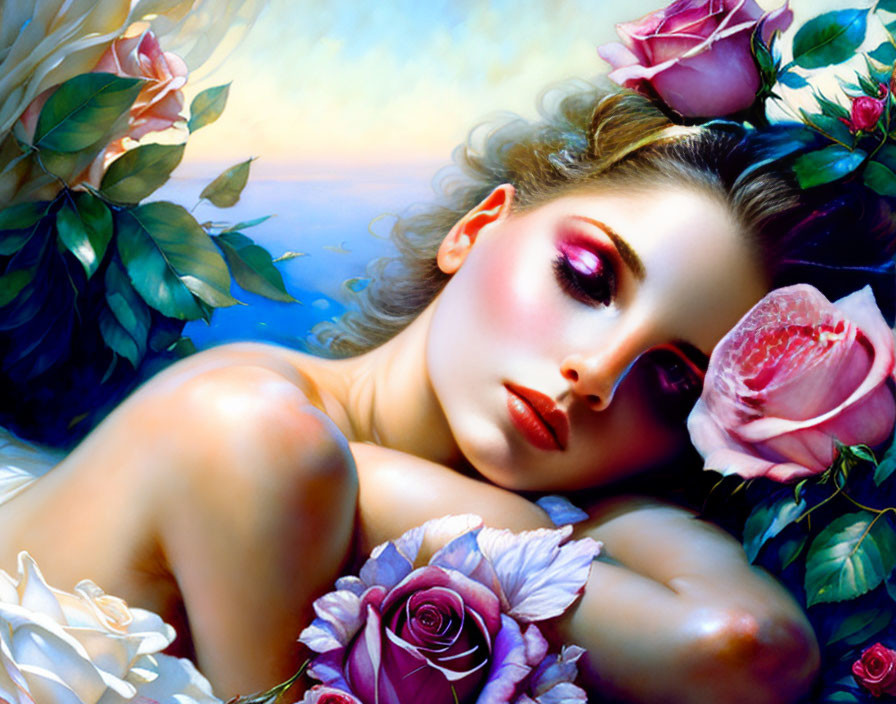 Woman with vibrant makeup among lush roses, serene expression.