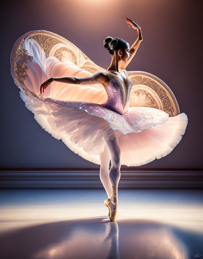 Sparkling ballerina in blooming tutu on stage