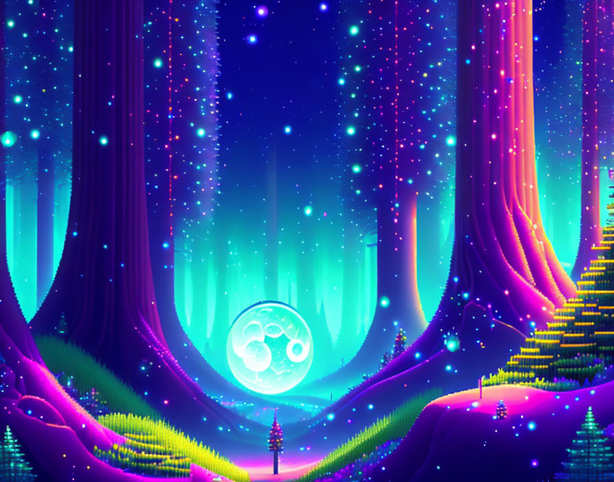 Mystical forest digital artwork with glowing trees and neon lights