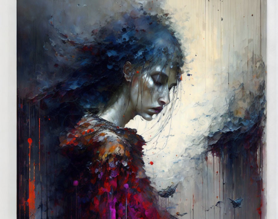 Abstract painting of solemn woman with blue and red splashes