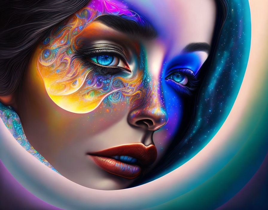 Vivid Cosmic Patterns on Woman's Face in Colorful Digital Art