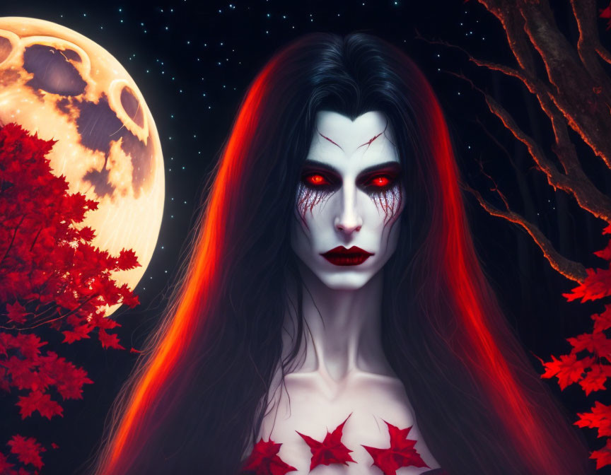 Digital Artwork: Woman with Vampire-like Features in Night Sky