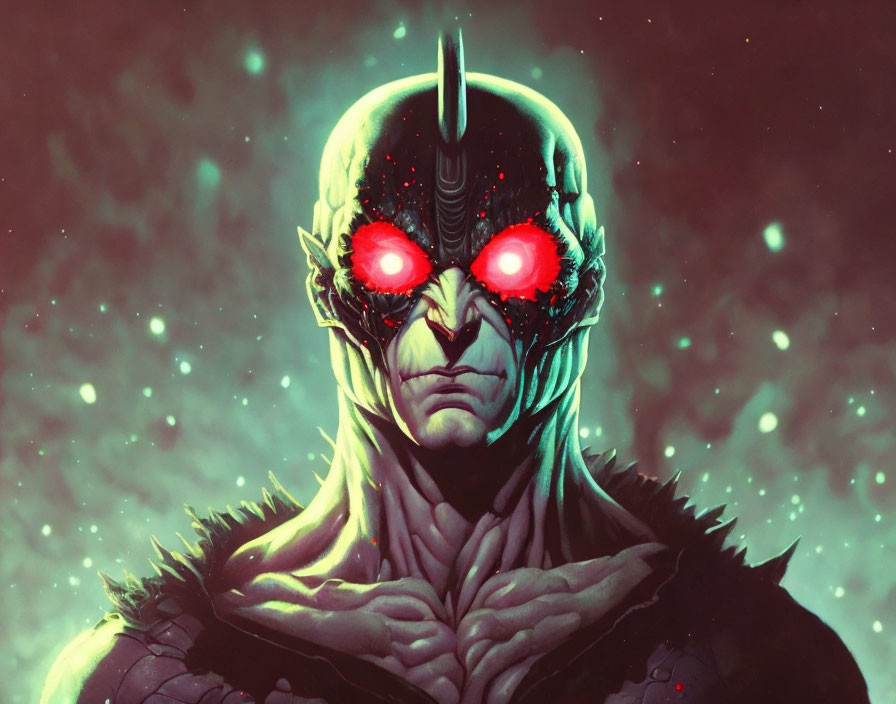 Mysterious character with red glowing eyes in dark helmet on cosmic green backdrop