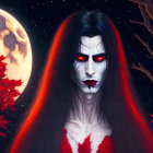 Digital Artwork: Woman with Vampire-like Features in Night Sky