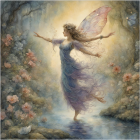 Fantasy painting: fairy with iridescent wings in rain-kissed floral scene