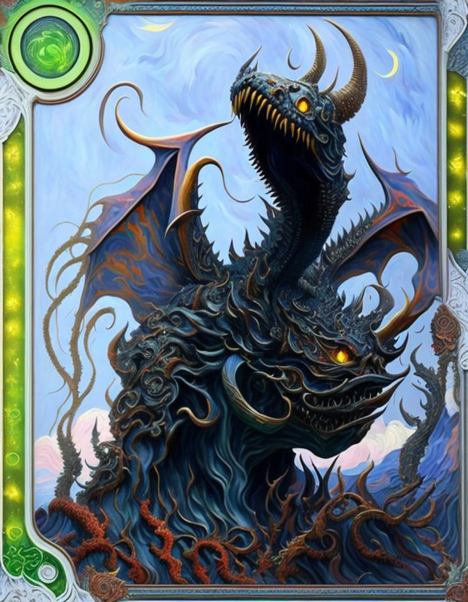 Fantastical dragon with multiple horns and glowing eyes in ornate border