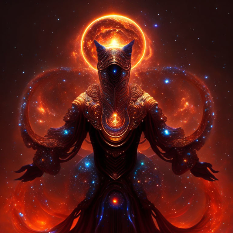 Mystical figure in ornate armor with halo-like ring of fire against cosmic backdrop