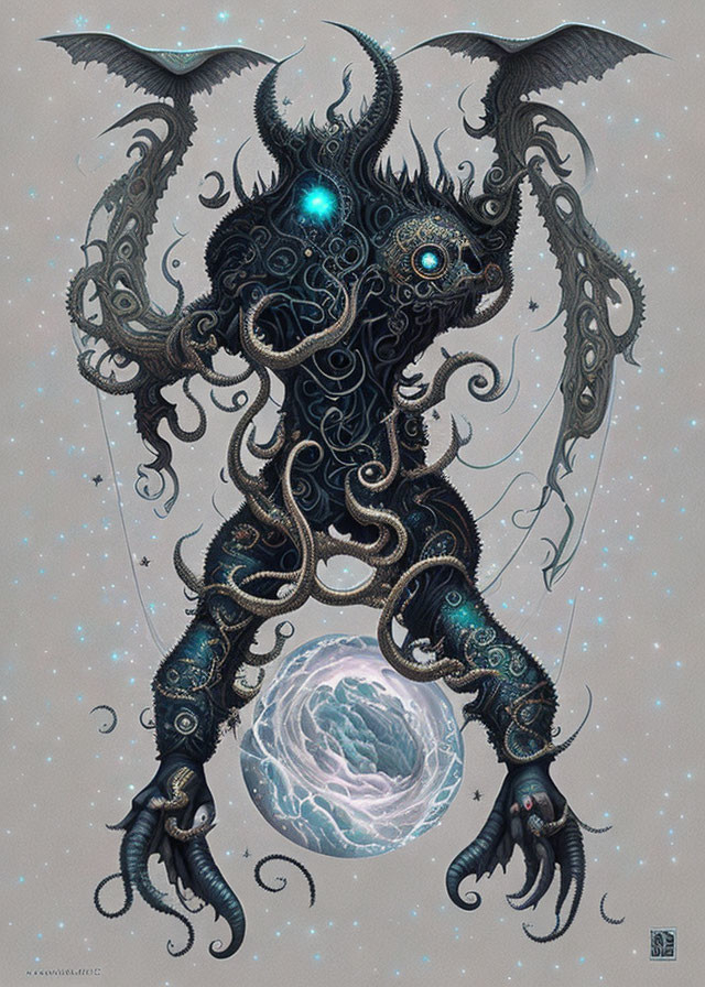 Fantastical creature with tentacles, horns, and glowing orb on starry backdrop