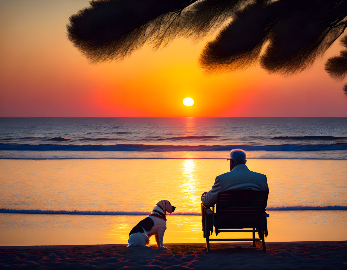 Person and dog watching vibrant sunset on beach with palm tree silhouette