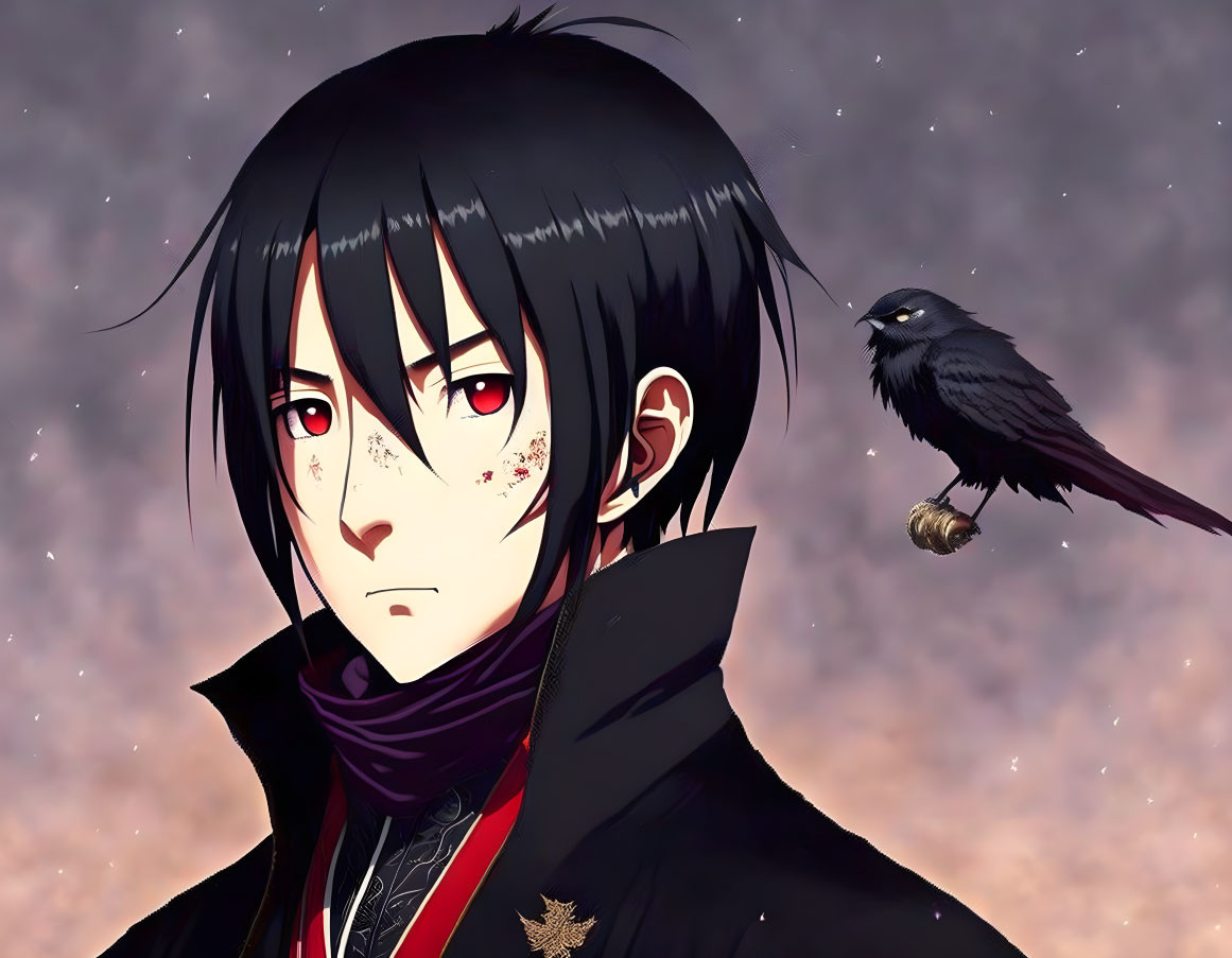 Young man with black hair and red eyes in high-collared coat with raven in dusky