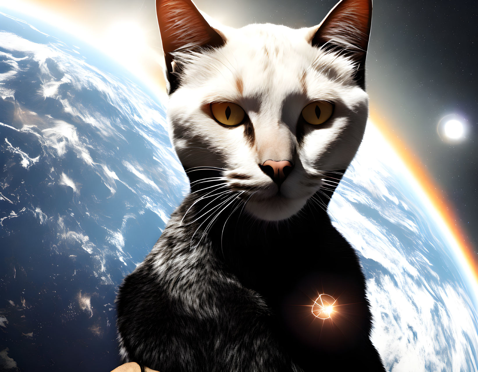 Black and White Cat with Yellow Eyes Against Earth's Curvature and Rainbow