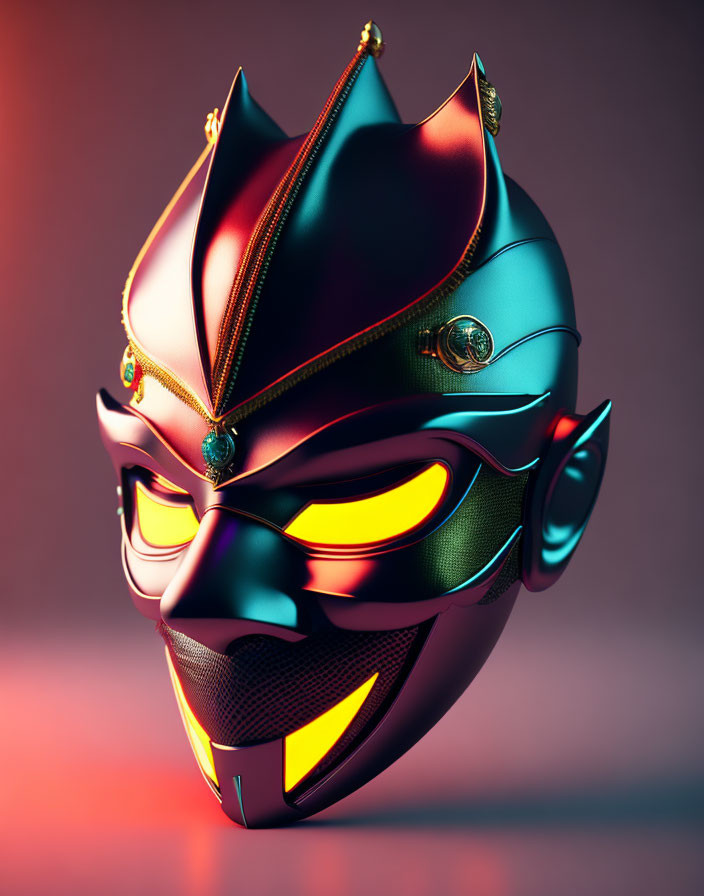 Futuristic 3D illustration of vibrant metallic mask